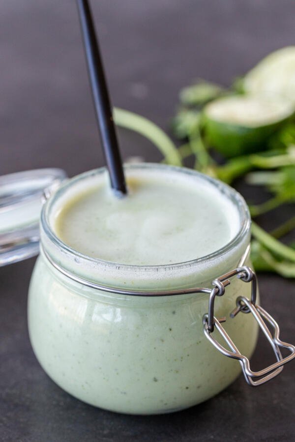 Creamy Tomatillo Dressing in a jar. 