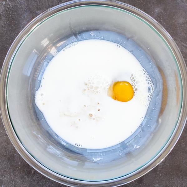 Milk, egg and a starter in a bowl.