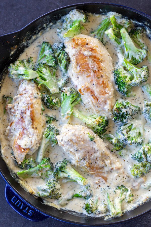Creamy Chicken and Broccoli in a pan.