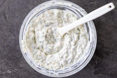 Tartar sauce mixed all together in a bowl.