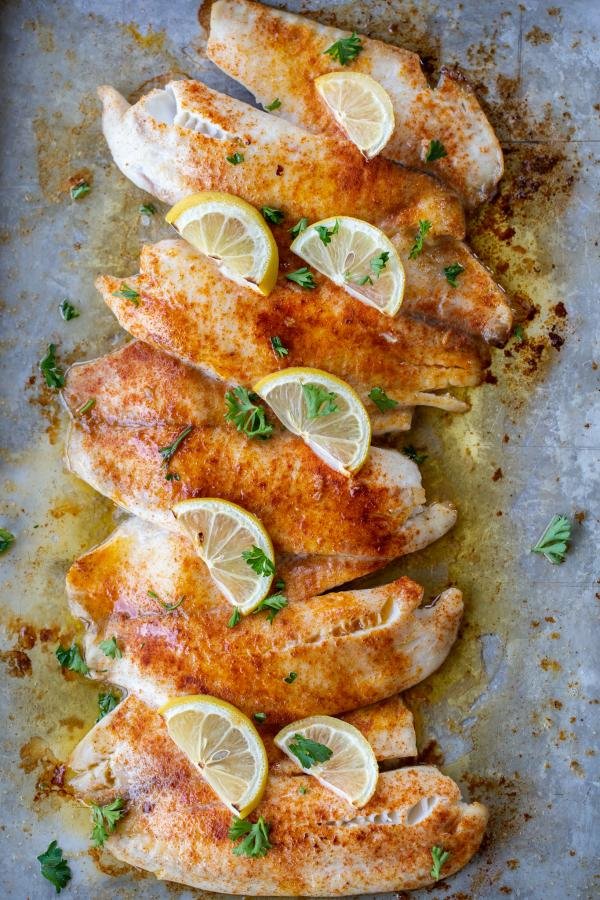 Baked Tilapia on a sheet pan.