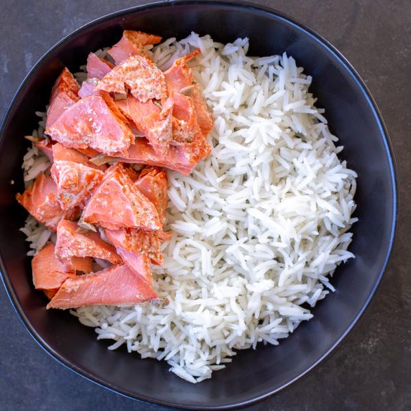 Rice with salmon in a bowl.