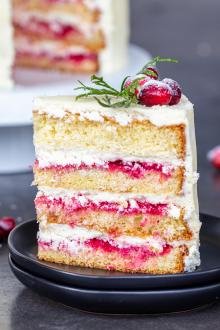 A slice of white chocolate cranberry cake.