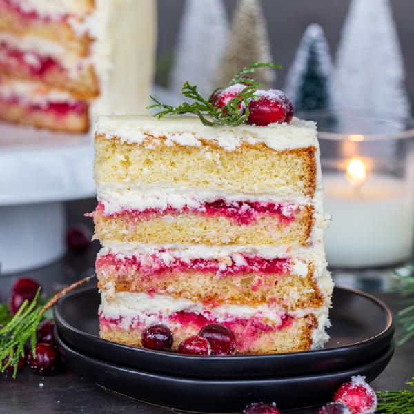 Sliced White chocolate cranberry cake.