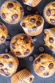 Banana Chocolate Chip Muffins with chochoalte aorund.