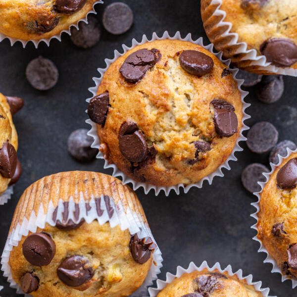 Banana Chocolate Chip Muffins on a tray.