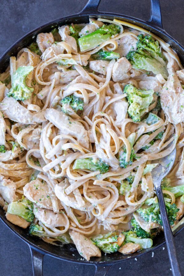 Chicken Broccoli Alfredo in a pan.