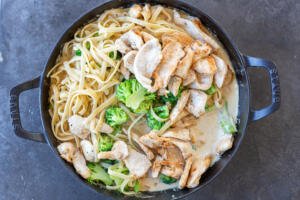 Chicken Broccoli Alfredo combined all together in a pan.