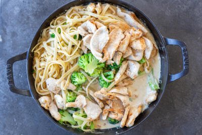Chicken Broccoli Alfredo combined all together in a pan.