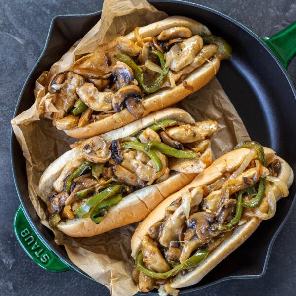 Chicken Philly Cheesesteak Sandwiches on a serving tray.