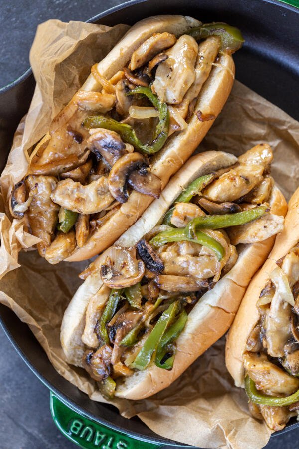 Chicken Philly Cheesesteak Sandwiches in a pan.