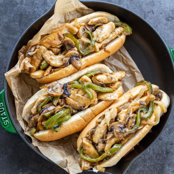 Chicken Philly Cheesesteak Sandwiches in a pan.