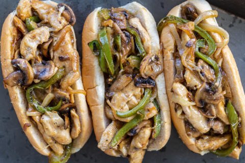 Chicken Philly Cheesesteak Sandwiches on a serving tray.