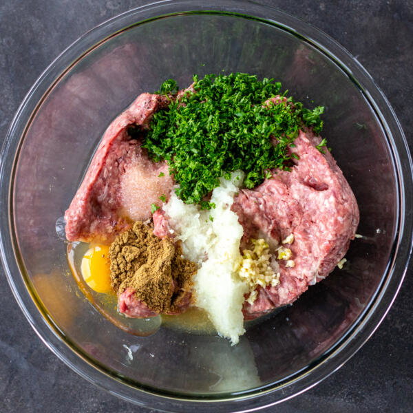All the Lamb Meatballs in ingredients in a bowl.