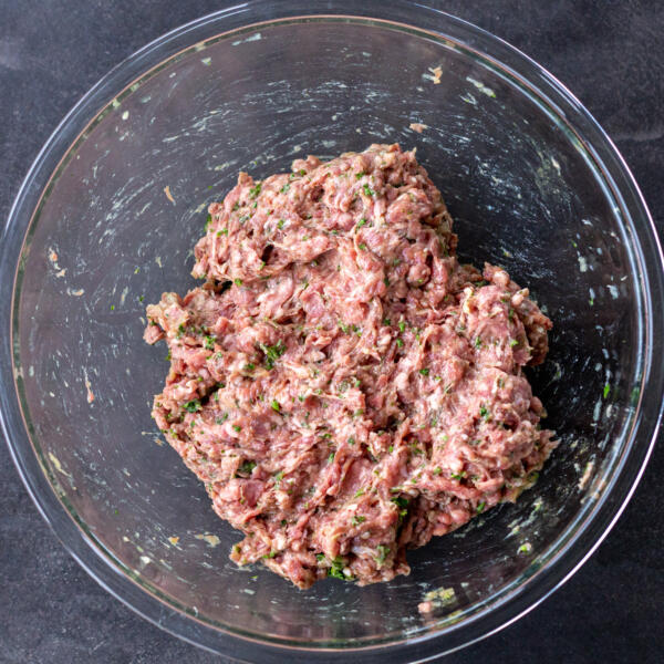 Meatball mixture in a bowl.