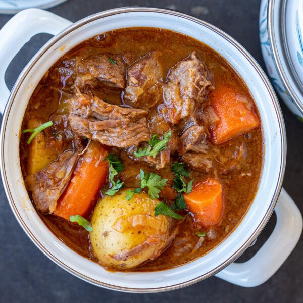 Lamb stew in a pot.