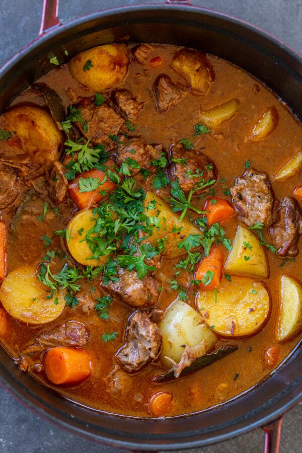 One-Pot Lamb Stew in a pot. 