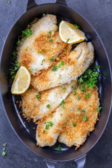 Parmesan Crusted Tilapia on a serving tray.
