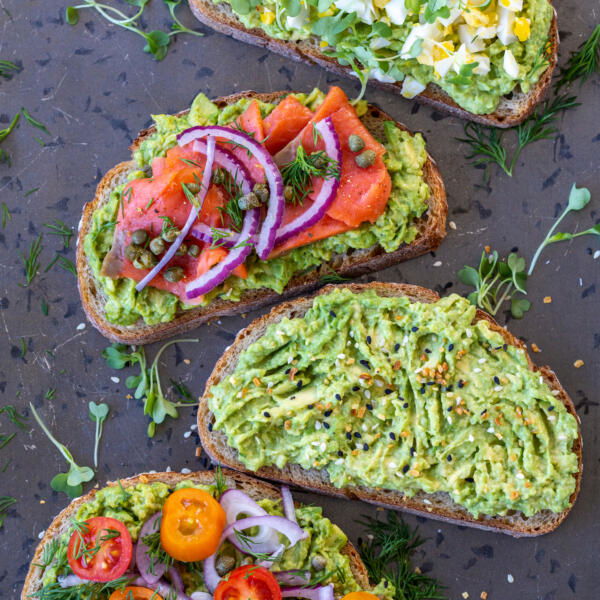 Avocado toast with toppings.