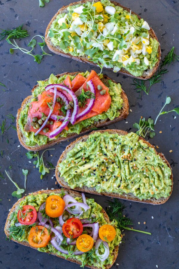 Avocado toast with different variety. 