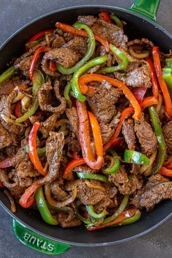 Steak Fajitas on a pan.