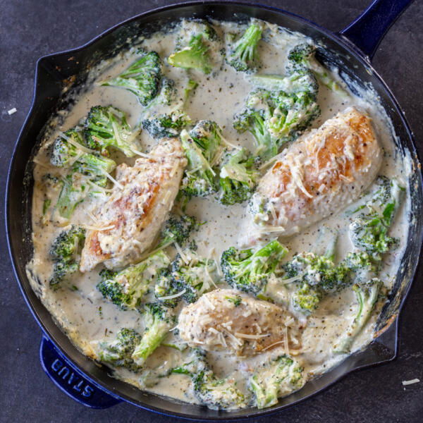One pan Creamy Chicken and Broccoli with Parmesan.