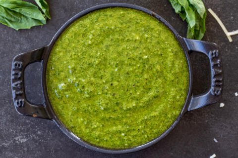 Fresh Basil Pesto with herbs and cheese.