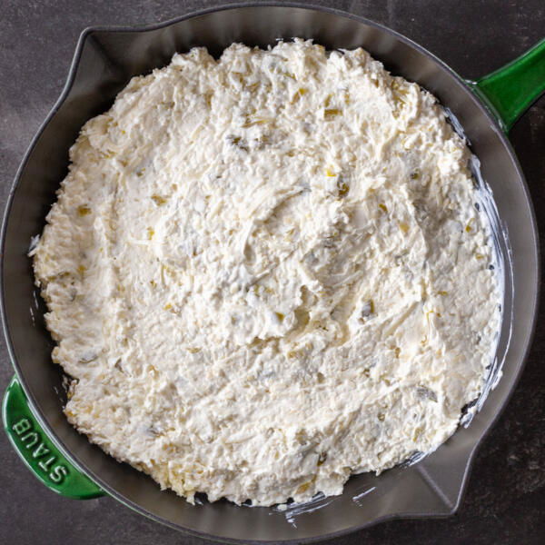 Jalapeno Popper Dip mixture in a pan.