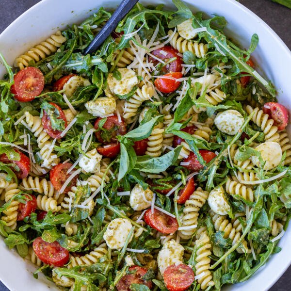 Pesto Pasta Salad with a spoon.