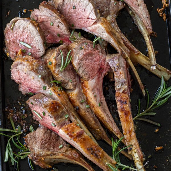 Roasted Rack of Lamb sliced into pieces.