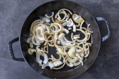Browning onions on a pan.