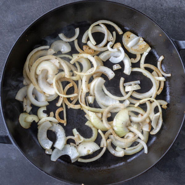 Browning onions on a pan.