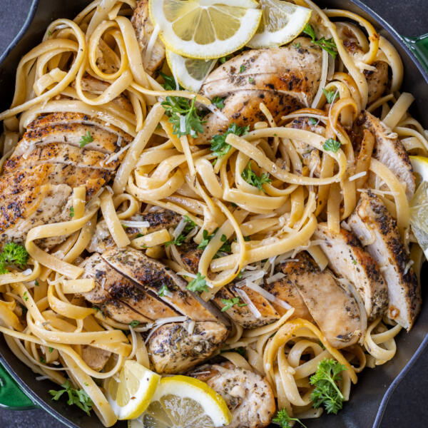 Lemon Chicken Pasta in pan.