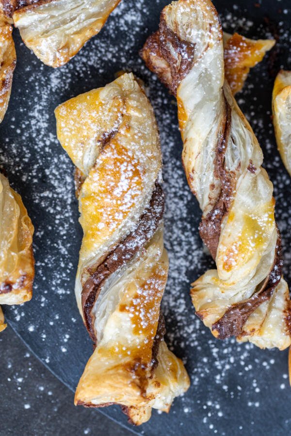 Puff Pastry Nutella Twists on a tray. 