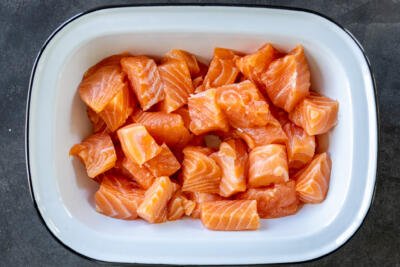 Salmon bites in a serving tray.
