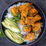 Air Fryer Salmon Bites on a serving plate with rice.