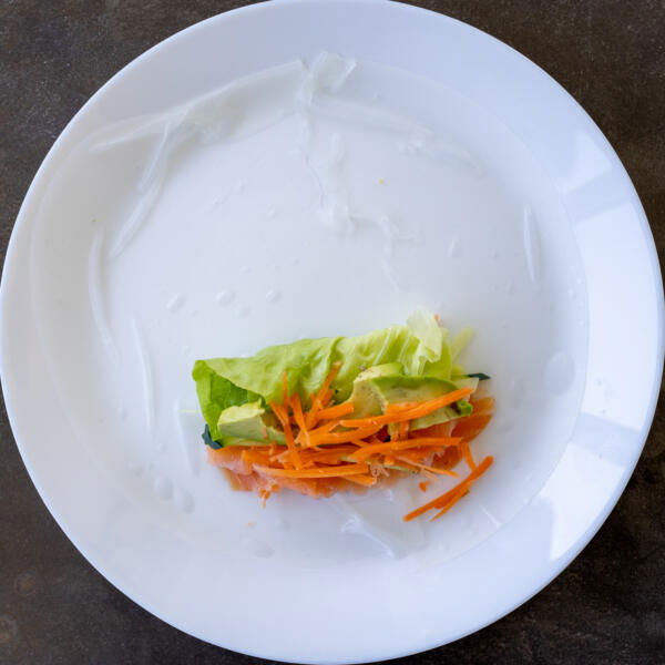 Spring roll ingredients on a wrapper.