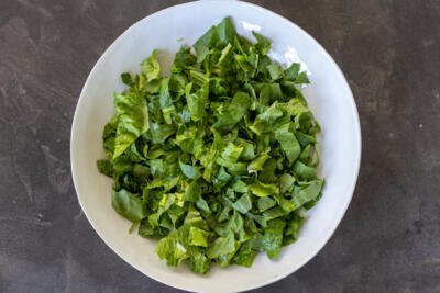 Chopped lettuce in a bowl.