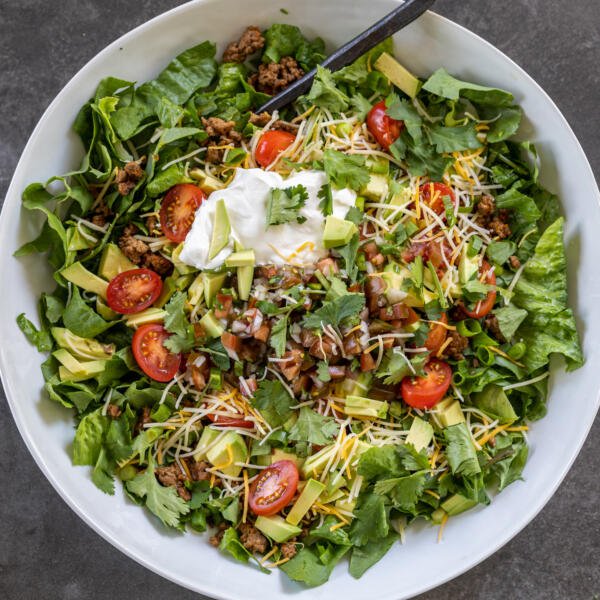 Prepared Beef taco salad in a bowl.