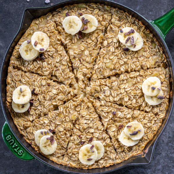 Banana Baked Oatmeal in a pan.