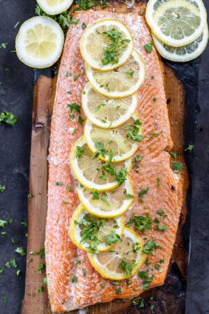 Grilled Cedar Plank Salmon with herbs.
