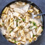 Creamy Chicken Pasta in a pan.