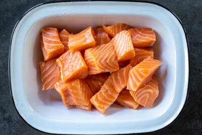 Salmon cut into small pieces.