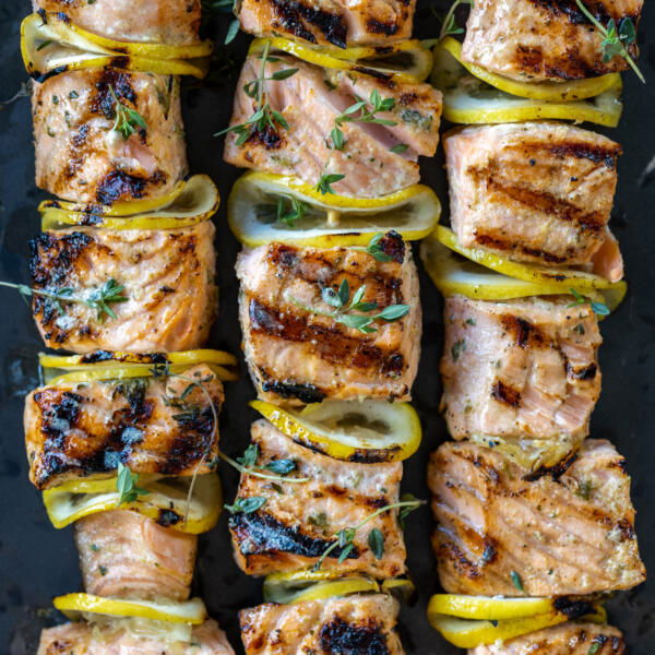Grilled Salmon Kebabs with lemon.