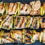 Grilled Salmon Kebabs on a tray.