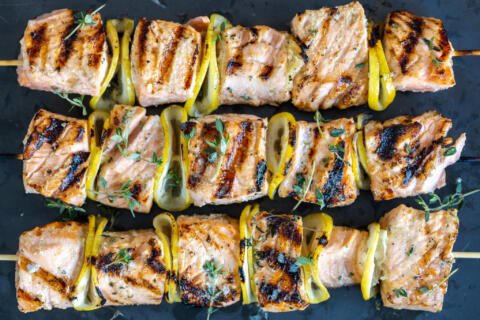 Grilled Salmon Kebabs on a tray.