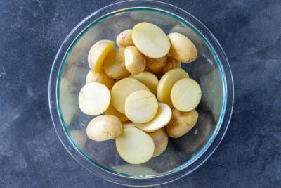 Potatoes cut in half.