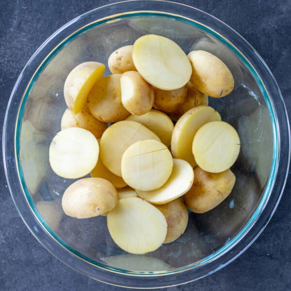 Potatoes cut in half.