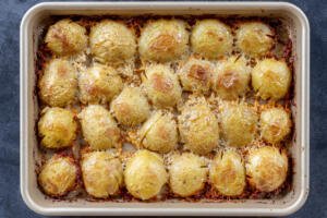 Baked potatoes on a baking sheet.