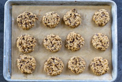 Peanut Butter Oatmeal Cookies baked on a pan.